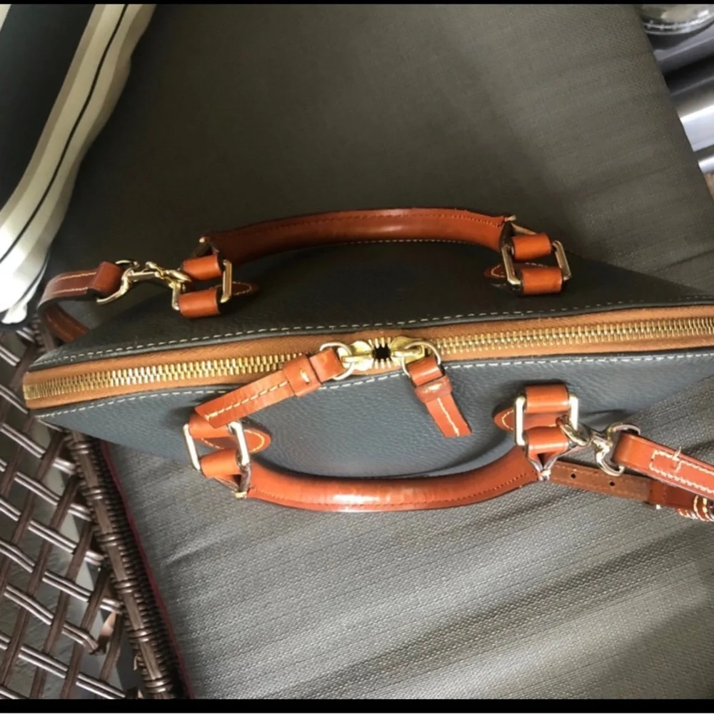 Dooney and Bourke Grey Pebbled Tan Leather Zip Zip Satchel Bag